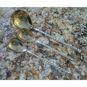 Tallinn Factory 2 Spoons & Ladle Twisted Handle Gilt Bowl Silverplate USSR